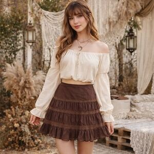 Y2K Fairy Grunge Brown Ruched Tiered Skirt | Whimsical Layered Ruffle Cotton